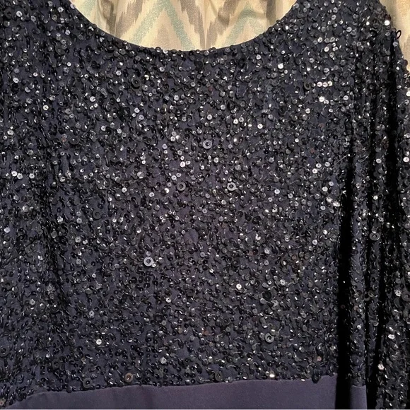 Adrianna Papell New Womans Beaded Boat Neck Gown Navy Blue Size 20 Flared Sleeve - Picture 3 of 10